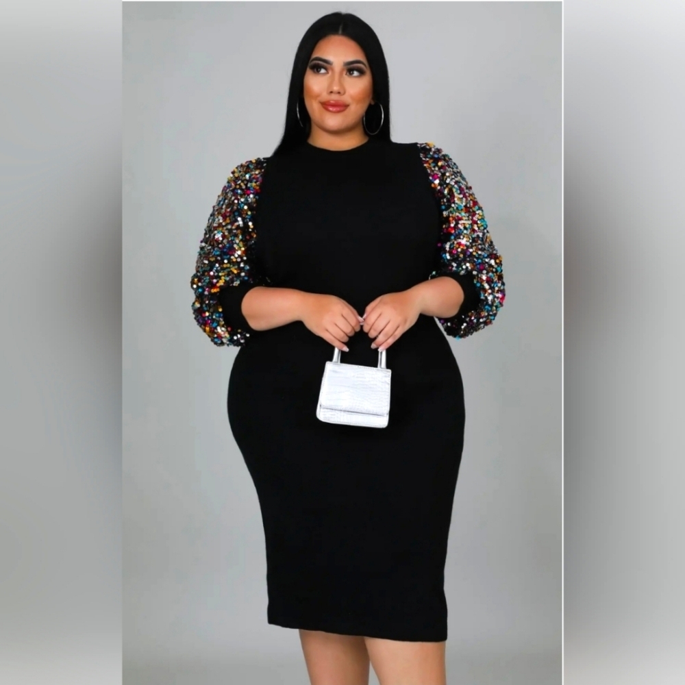 GoodTime USA Sequin Sleeved Black Midi
